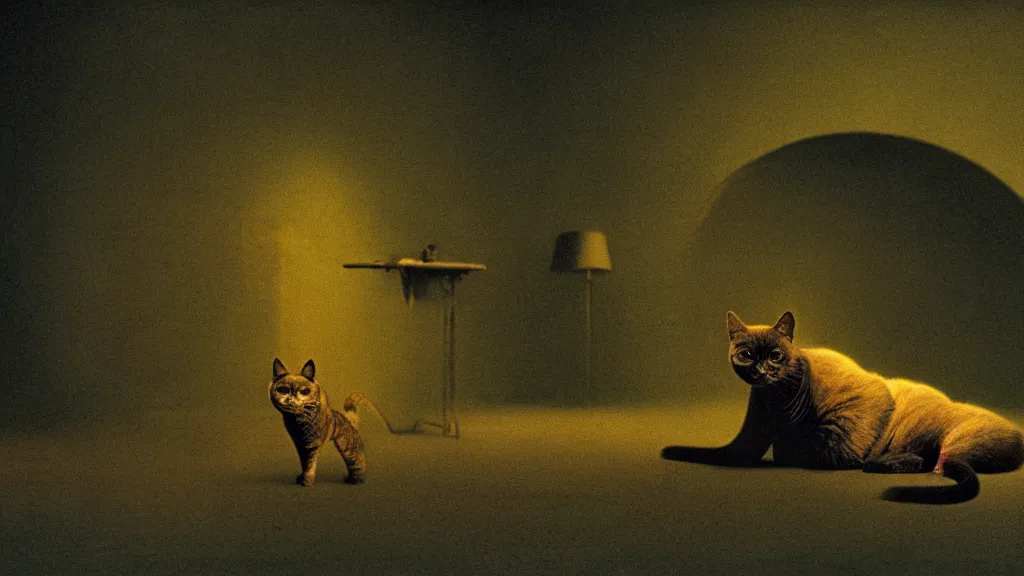 Image similar to the forbidden cat, film still from the movie directed by denis villeneuve and david cronenberg with art direction by salvador dali and zdzisław beksinski, wide lens