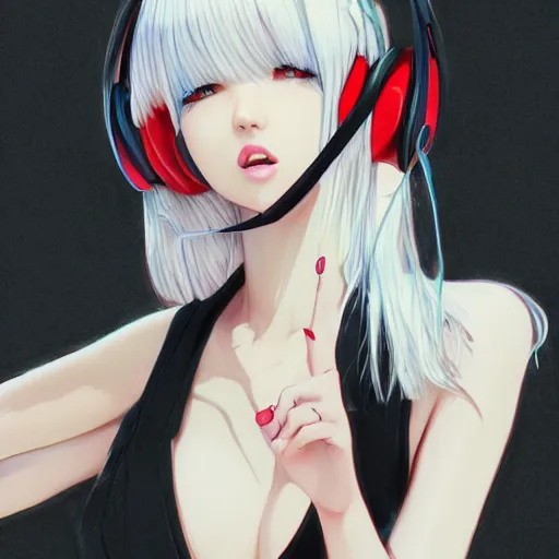 Image similar to realistic detailed semirealism beautiful gorgeous buxom hot girl natural cute excited happy Blackpink Lalisa Manoban white hair white cat ears blue eyes, wearing black camisole outfit, headphones, black leather choker artwork drawn full HD 4K high resolution quality artstyle professional artists WLOP, Aztodio, Taejune Kim, Guweiz, Pixiv, Instagram, Artstation