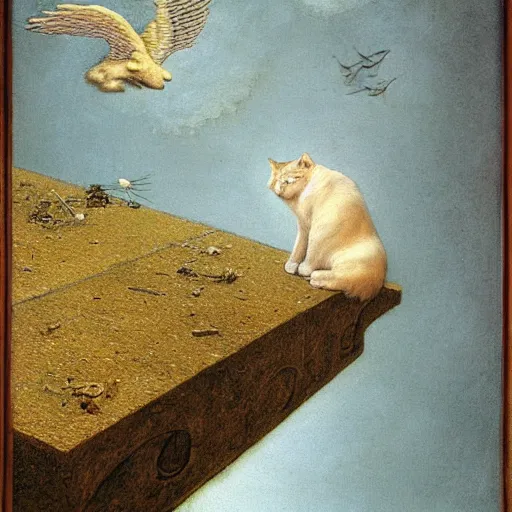 Image similar to a cat with wings an illustration by Michael Sowa, but as photography