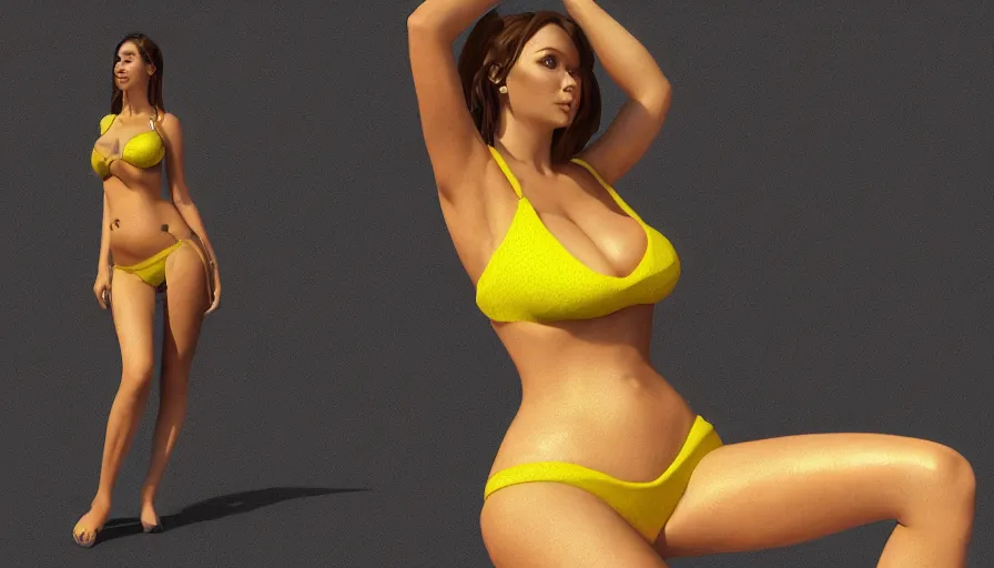 Prompt: woman wearing itsy bitsy teeny weeny yellow poka dot bikini, hyperdetailed, artstation, cgsociety, 8 k