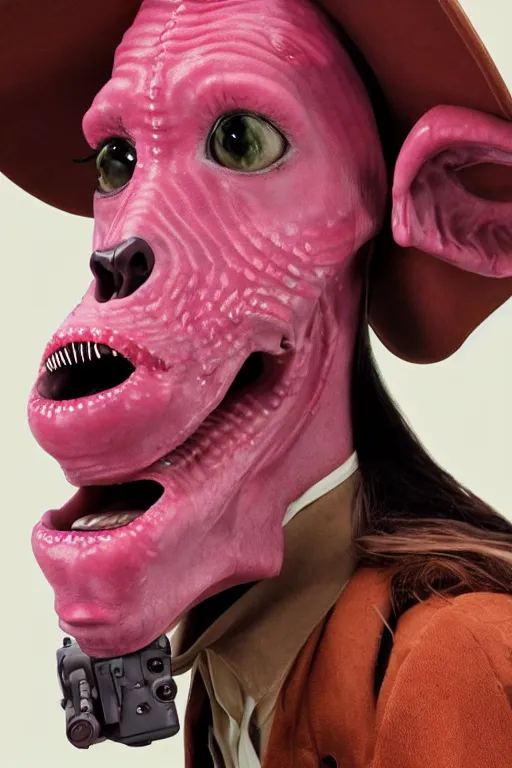 Image similar to comme des garcons campaign featuring jar jar binks as a female cowgirl, long eyeslashes, huge juicy lips, big seductive eyes, unprocessed colors, # nofilter, realistic vfx simulation