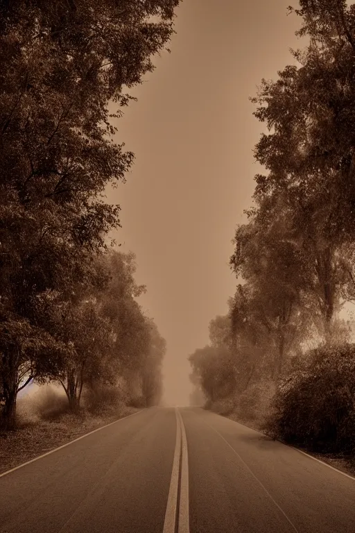 Image similar to sepia photo of a road with no end, dust smog in background, photorealistic, tonemapped