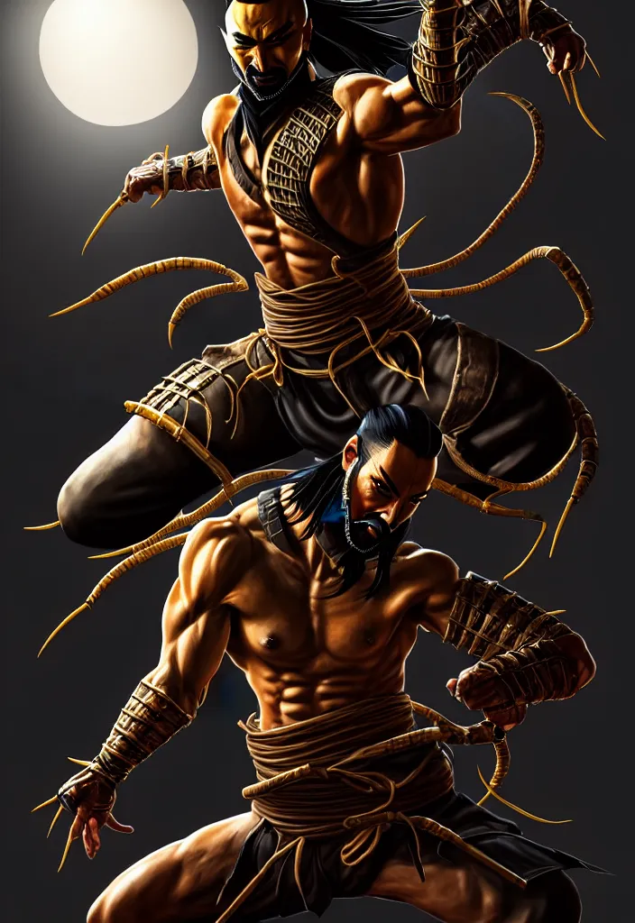 Image similar to full body, full figure portrait of hanzo hasashi scorpion from mortal kombat in the sky, full body shot, camera pulled back far, highly detailed dramatic lighting, artstation, atmospheric perspective, artgerm, mk ninja, epic ninja suit, intense contrast, 3 light sources, by lee bermejo, alphonse mucha and greg rutkowski