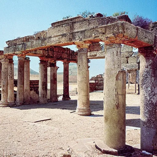 Prompt: photograph the ruined well preserved agora on an ancient city surrounded by a hilly steppe with lush grasslands. the architecture is a mixture of geometric byzantine architecture and ancient indian architecture. wide angle 3 5 mm color film photograph.