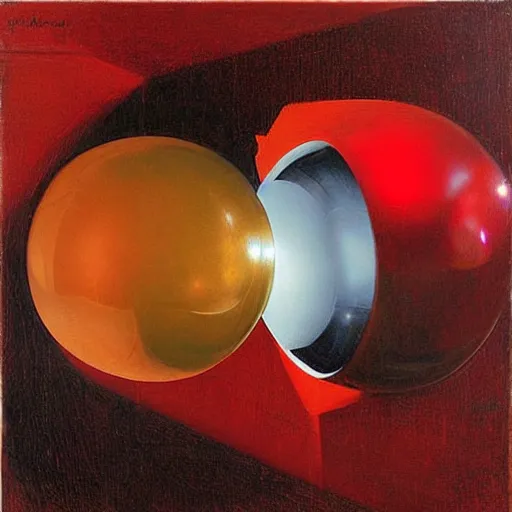 Prompt: chrome spheres on a red cube by odd nerdrum