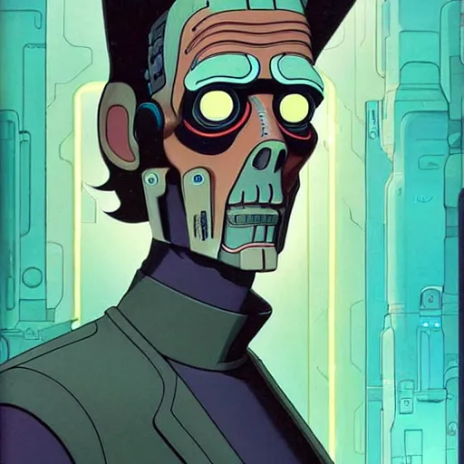 Image similar to 1 0 7 7 bender futuristic rick sanchez futurama portrait by charles vess and james jean and erik jones and rhads, inspired by ghost in the shell, beautiful fine face features, intricate high details, sharp, ultradetailed