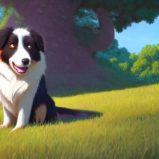 Image similar to a wholesome animation key shot of an australian shepherd, studio ghibli, pixar and disney animation, sharp, rendered in unreal engine 5, anime key art by greg rutkowski, bloom, dramatic lighting