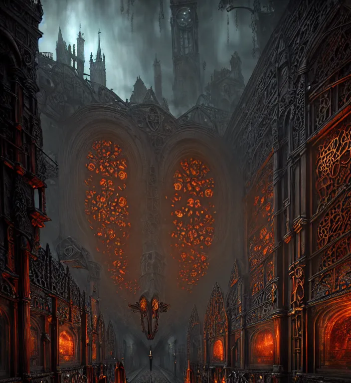 Image similar to steam necropolis, memento mori, gothic, neo - gothic, art nouveau, hyperdetailed copper patina medieval icon, stefan morrell, philippe druillet, ralph mcquarrie, concept art, steampunk, unreal engine, detailed intricate environment, octane render, moody atmospherics, volumetric lighting, ultrasharp, ominous, otherworldly