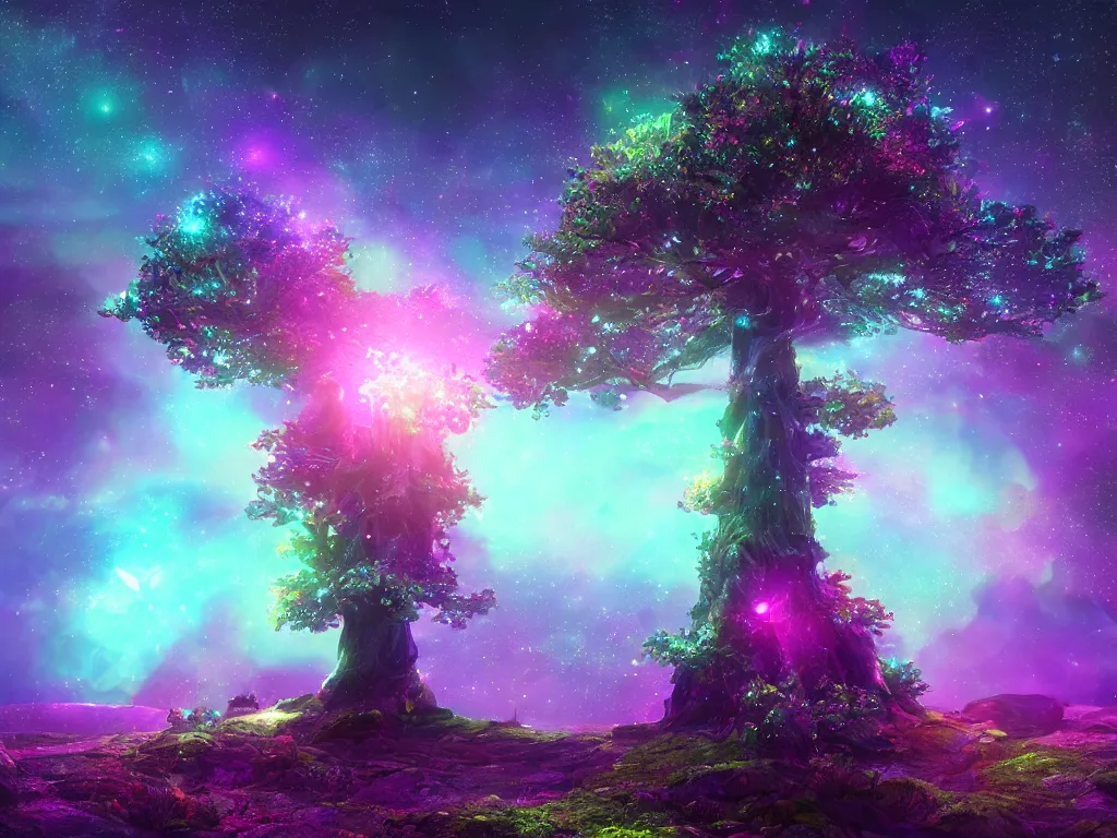 Prompt: a magical tree glowing with starry dusted light, deep color, fantasy art, by beeple and pixar and avatar vivid glowing colors, extreme detail, studio ghibli and pixar and abzu, rendering, cryengine, deep colors, purple and blue and green colors, vray render, cgsociety