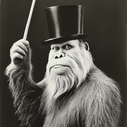 Prompt: a vintage wet plate portrait of a dignified bigfoot with a top hat and cane, extremely detailed, by philippe halsman!!!!!!!!!!!!!!!!!!