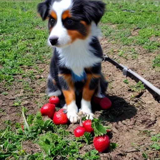 Image similar to a mini australian shepard wearing rubber boots! while picking strawberries