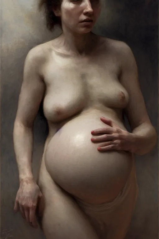 Prompt: pregnant woman in dystopia by Alyssa Monks, Bouguereau. full-shot, hyper realism, realistic proportions, dramatic lighting, high detail 4k