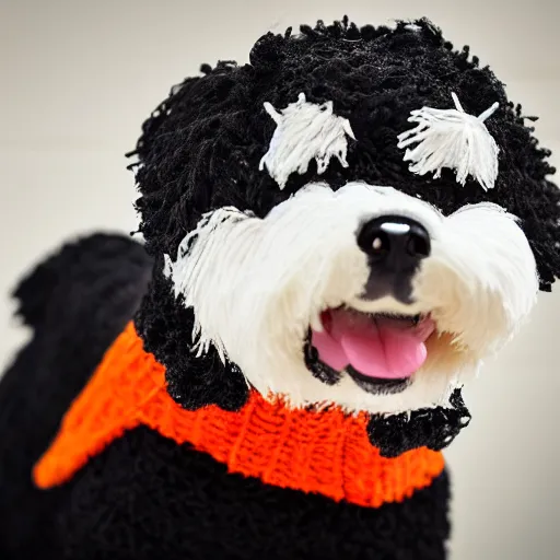 Image similar to a closeup photorealistic photograph of a cute smiling knitted bernedoodle judge dog dressed in a black gown, presiding over the courthouse. indoors, professional capture, well lit shot. this 4 k hd image is trending on artstation, featured on behance, well - rendered, extra crisp, features intricate detail, epic composition and the style of unreal engine.