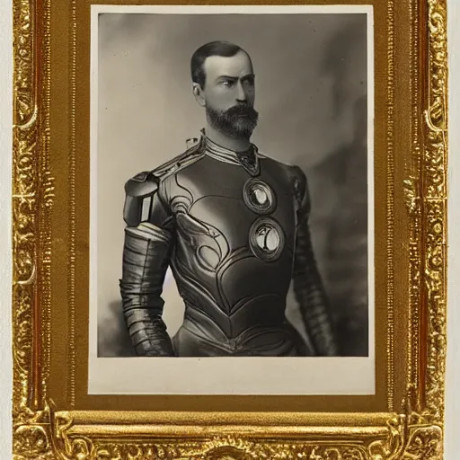 Image similar to tsar nicholas ii as iron man, historical photograph, highly detailed, full length portrait