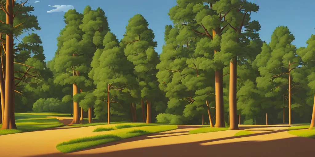 Image similar to tall bridge for trains, in the forest, blue sky, summer evening, kenton nelson