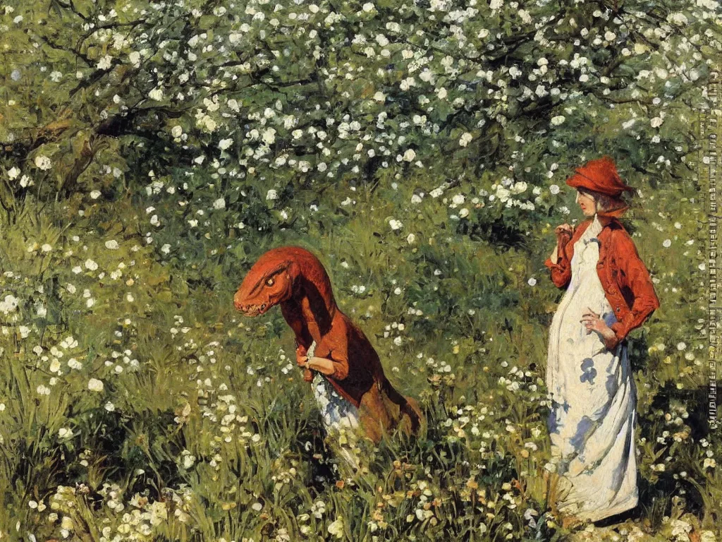 Image similar to portrait of a lady dinosaur in spring, painting by stanhope forbes, oil on canvas