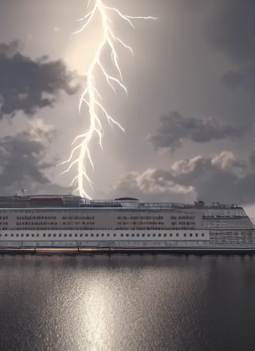 Image similar to silver cruise ship struck by lightning unreal 5, DAZ, hyperrealistic, octane render, dynamic lighting