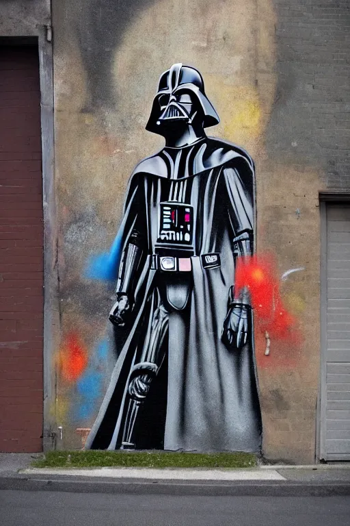 Prompt: darth vader graffiti art in inner city alley on tatooine