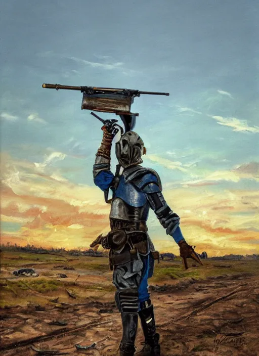 Image similar to a detailed painting of a man in post apocalyptic home made armour and a helmet holding a modified shotgun walking around a wasteland with a blue sky walking towards a sunset. hd. 1 9 5 0 s oil painting style.