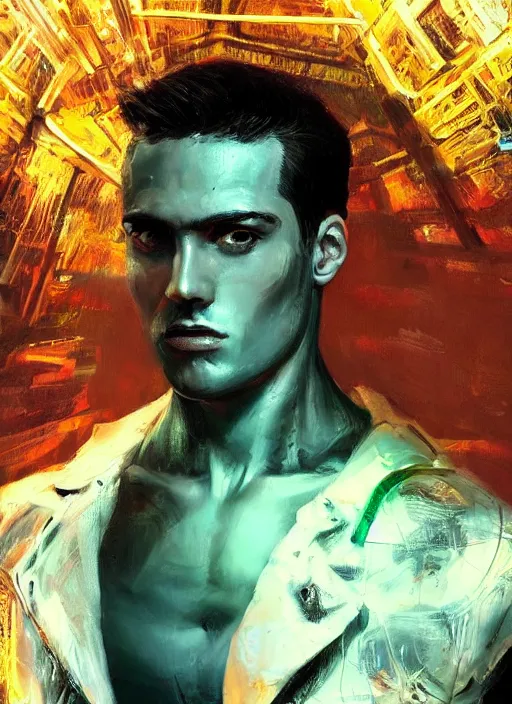 Image similar to a highly detailed long shot photo of masculin male face portrait, futurism, rococo cyber neon lighting, detailed futuristic fibonacci jewelry, profile posing, hyper photorealistic, crispy quality, digital photography, trending in pinterest, cinematic, 4 k ultra hd, art by pascal blanche, art by greg rutkowski, art by artgerm,