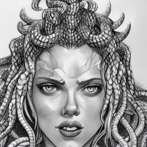 Image similar to pencil drawing of scarlett johansson as medusa wearing snakes in her head in the berserk manga, smiling expression showing fangs, big snakes heads, by kentaro miura