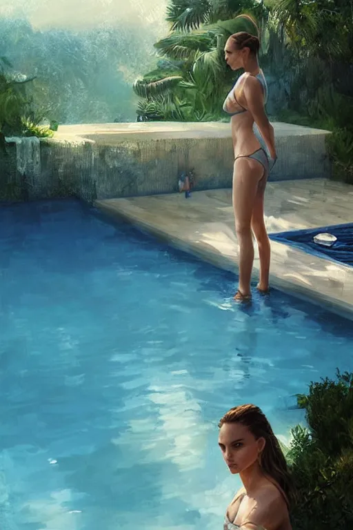 Prompt: Natalie Portman Next to the pool,digital art,ultra realistic,ultra detailed,art by greg rutkowski