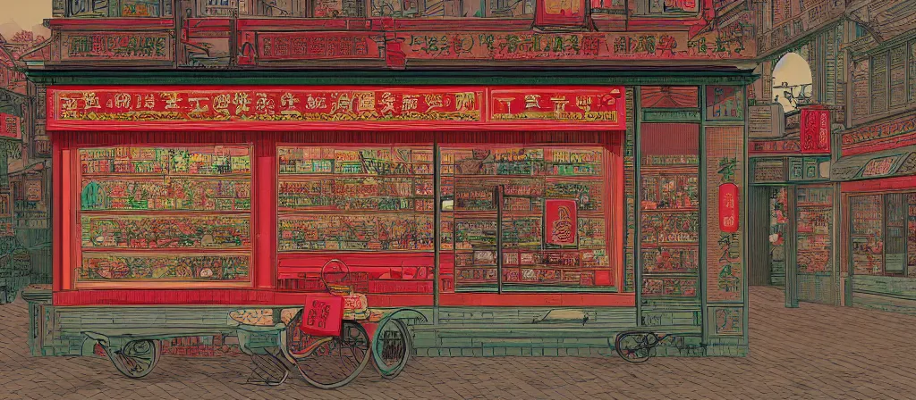 Prompt: a beautiful hyperdetailed render of roasted duck small shop, simple style, from china, with merchant logo, simple structure, surrealistic, chinese style, victo ngai, james jean, denoise, deblurring