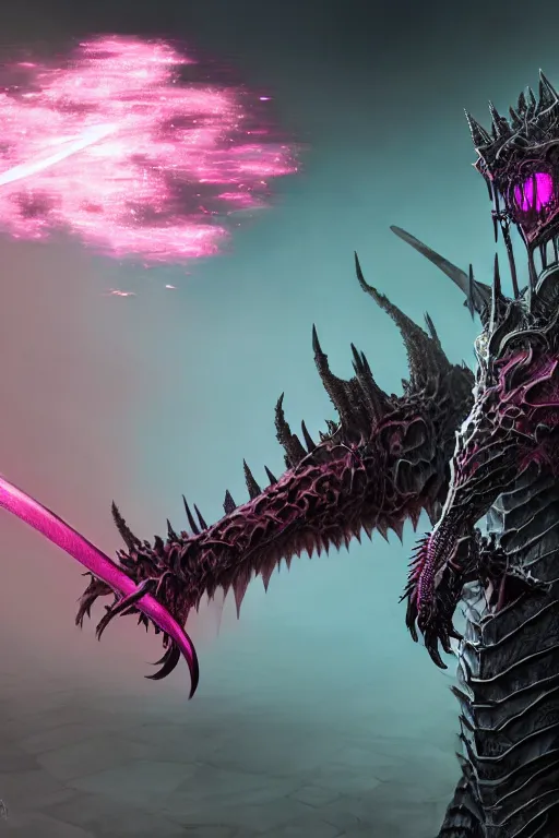 Image similar to hyperrealistic neo - gothic human dragon hybrid, exoskeleton armor, fighting with sword, field of pink flowers, highly detailed digital art masterpiece, vitaly bulgarov dramatic dark teal light, ground angle hd 8 k, sharp focus