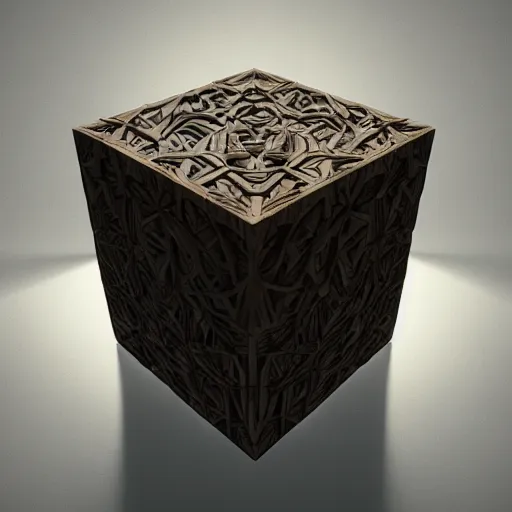 Image similar to rubic's cube made out of carved wood on a dark biome, au naturel, hyper detailed, digital art, trending in artstation, cinematic lighting, studio quality, smooth render, unreal engine 5 rendered, octane rendered, art style by klimt and nixeu and ian sprigger and wlop and krenz cushart