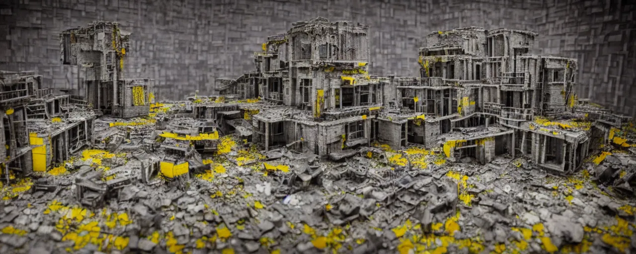 Image similar to mega detailed miniature voxel diorama abandoned research facility, brutalism architecture, tilt shift suburban, hard lights are on in the windows, dark night, fog, winter, blizzard, uncozy and not peaceful atmosphere, row of street lamps with cold yellow light, several ruins nearby, cold war era 1 9 6 0