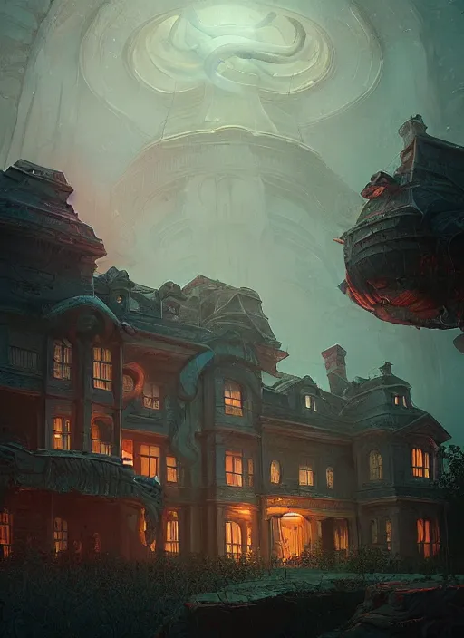 Image similar to giant tentacles destroying a glowing mansion in burning vapor dramatic lighting, faces floating, artstation, matte painting, aykut aydogdu, allen williams, artem chebokha