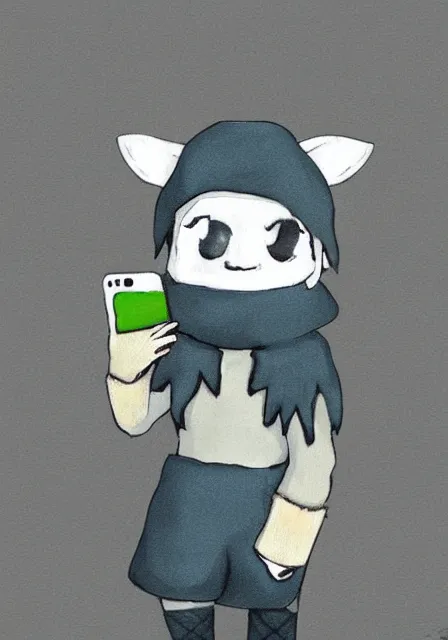 Image similar to little boy wearing sheep suit using a smartphone, gray, blue, green and brown pallet color. made in abyss art style, inspired in kris from deltarrune, cute detailed artwork, anatomically correct, clean details