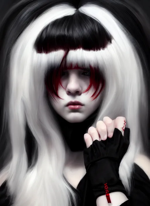 Prompt: portrait of white teenage girl, normal face, black bangs, mall goth, cyberlox, black and white hair, bangs, fluffy bangs, red contacts, intricate, elegant, highly detailed, digital painting, artstation, concept art, sharp focus, smooth, illustration, art by wlop, mars ravelo and greg rutkowski