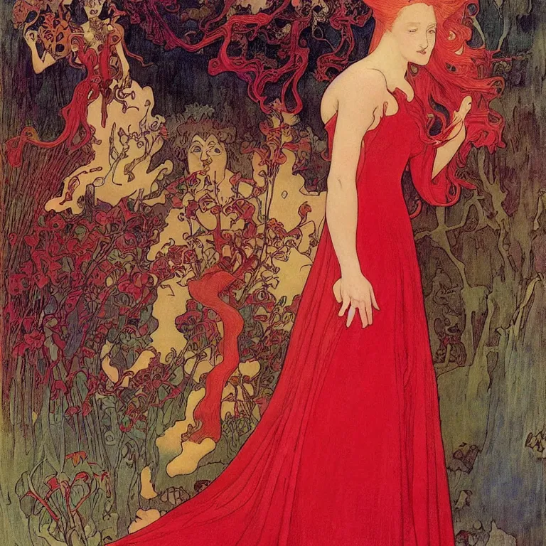 Prompt: Woman with red hair in a red dress standing in a pink room Anton Pieck,Jean Delville, Amano,Yves Tanguy, Alphonse Mucha, Ernst Haeckel, Edward Robert Hughes,Stanisław Szukalski and Roger Dean