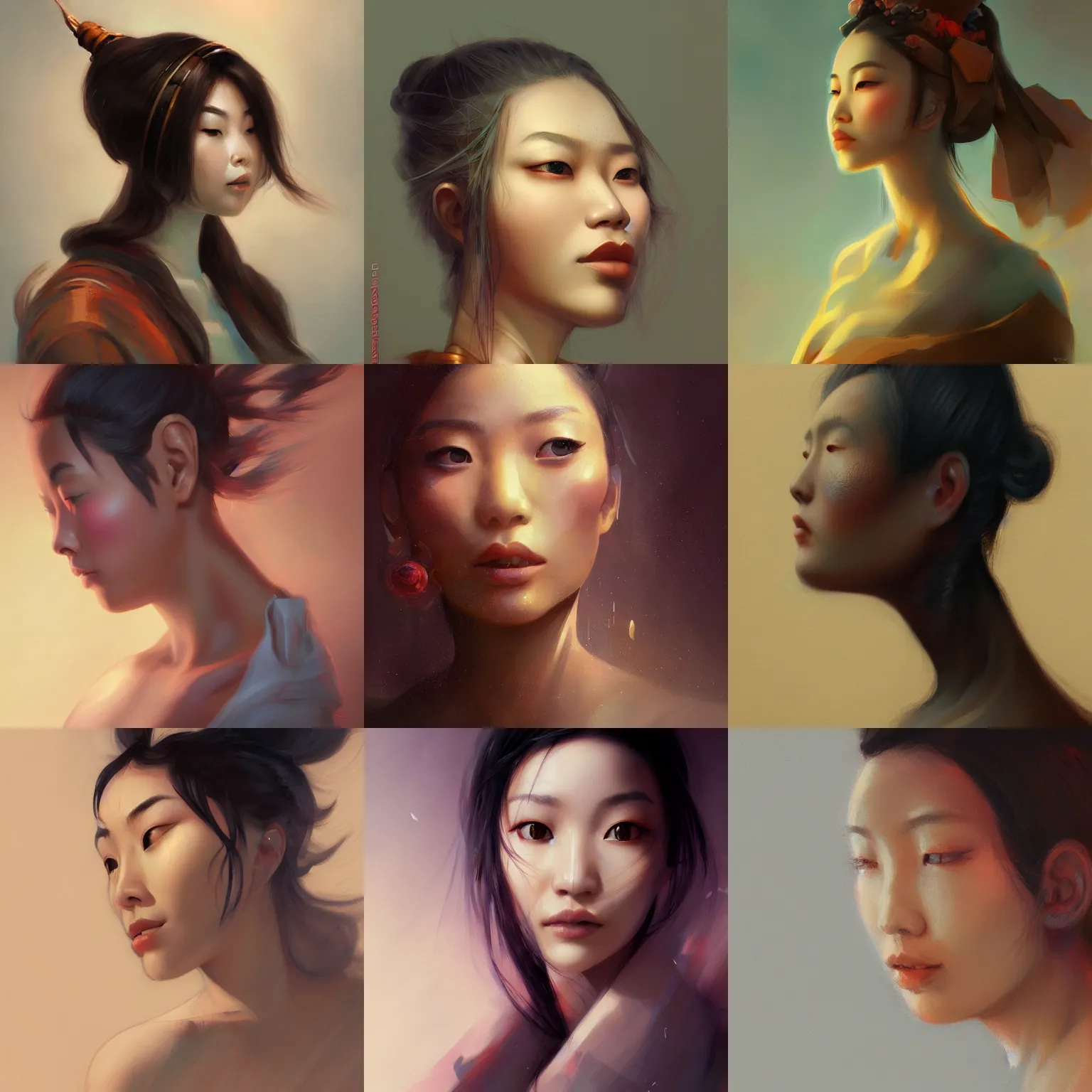 Prompt: prompt portrait of a beautiful asian female, close up view, head and upper body, looking upward, fullface, stretched neck, light from above, by Peter Mohrbacher, trending on artstation, 8k