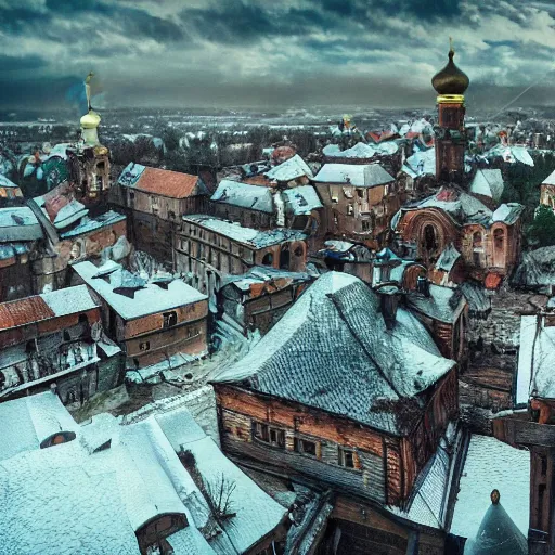 Prompt: photo ancient Slavic Russian city of Kitezh, concept art, magical city, fantasy cityscape, ancient Slavs, wooden buildings, ancient Russian architecture, terem, top cinematic lighting , cinematic mood, very detailed, shot in canon, 8k, high resolution