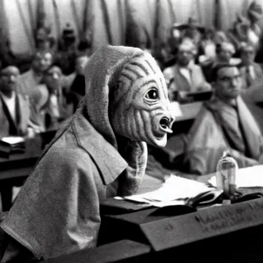 Prompt: jar jar binks, a war criminal, at the nuremberg trials, archive photo by reuters