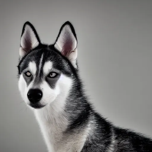 Prompt: 4 k photograph of an incredibly skinny husky dog, skeletal, indoors