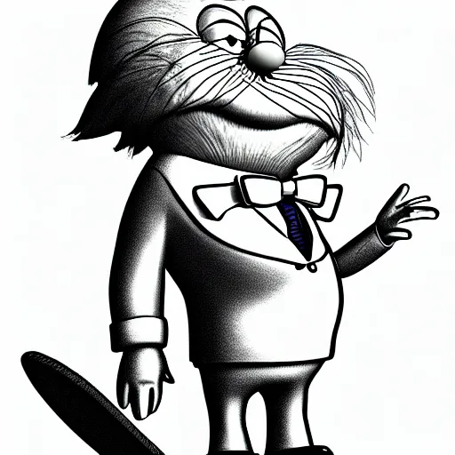 Prompt: dr. eggman standing over the lorax, the lorax is making a longing face, blushing, digital drawing, dark outlines