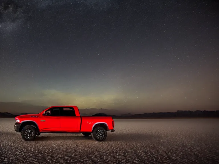 Image similar to dodge ram red power wagon with a roof top tent camping on wet salt flats at night, reflections, long exposure, milky way, award winning, cinematic, Vikram Thomas, 4K