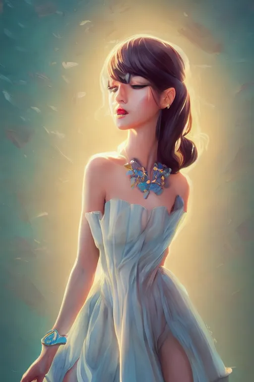 Image similar to a beautiful fashion goddness of love, chic strapless dress, tropical sea background, character design, in the style of artgerm, and wlop, cinematic lighting, hyperdetailed, 8 k realistic, symmetrical, global illumination, radiant light, frostbite 3 engine, cryengine, dof, trending on artstation, digital art