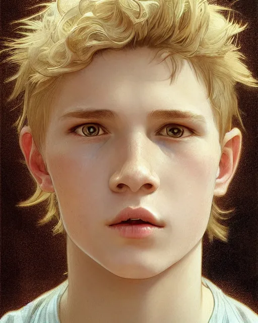 Image similar to portrait of 1 5 - year - old boy with blonde hair, round - face, with long toothed,, hyper realistic face, beautiful eyes, close up, fantasy art, in the style of greg rutkowski, intricate, alphonse mucha, hyper detailed, smooth