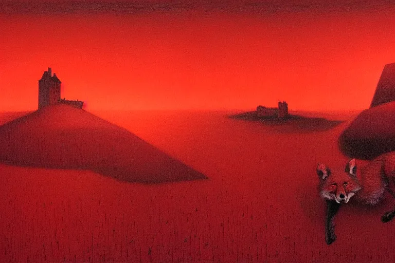 Image similar to only with red, in a red dream world, a crimson tiger, a big deal, a red fox, a castle in the background, in the style of beksinski, part by hopper, part by rodcenko, part by hofbauer, intricate composition, red by caravaggio, insanely quality, highly detailed, masterpiece, red light, artstation