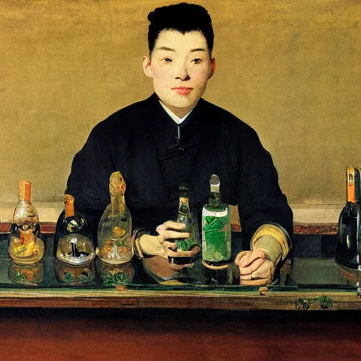 Prompt: portrait of a male chinese android bartender by edouard manet