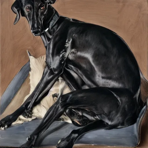 Image similar to woman with black greyhound, by jenny saville. dark atmosphere