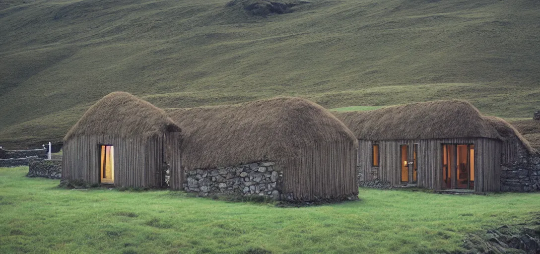 Prompt: scottish blackhouse designed by shigeru ban. fujinon premista 1 9 - 4 5 mm t 2. 9. portra 8 0 0.