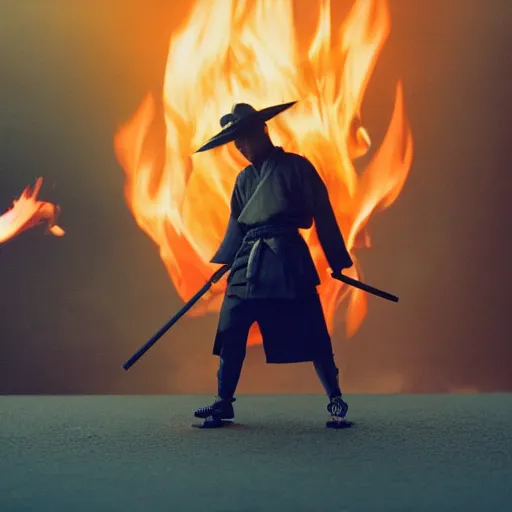 Image similar to cinematic film still Pharrell Williams starring as a Samurai holding fire, Japanese CGI, VFX, 2003, 40mm lens, shallow depth of field,film photography