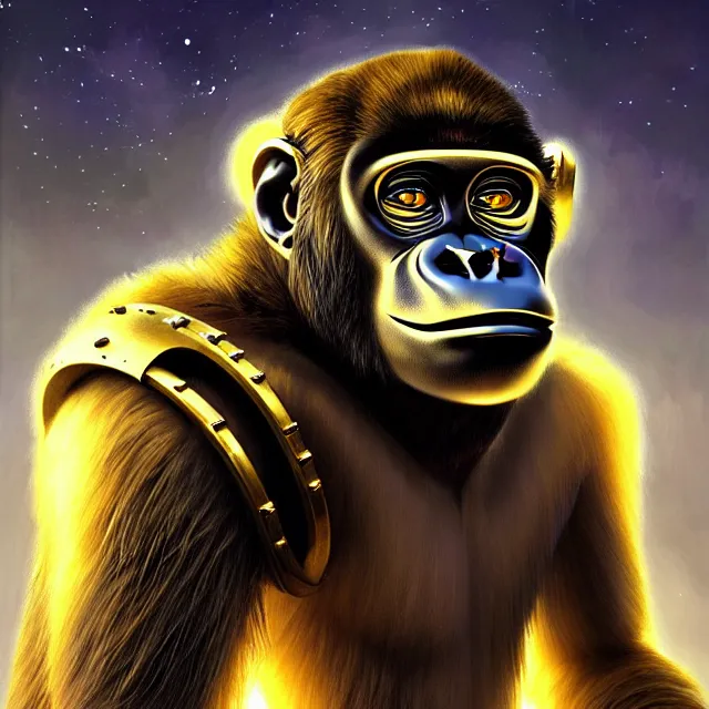 Prompt: beautiful closeup portrait of a cybernetic robotic gorilla monkey cyborg with golden ornate armor, full face portrait, centered face, atmospheric lighting, intricate, volumetric lighting, beautiful, sharp focus, ultra detailed, in the art style of bowater, charlie, brom, gerald, with cyberpunk city in the background, astrophotography