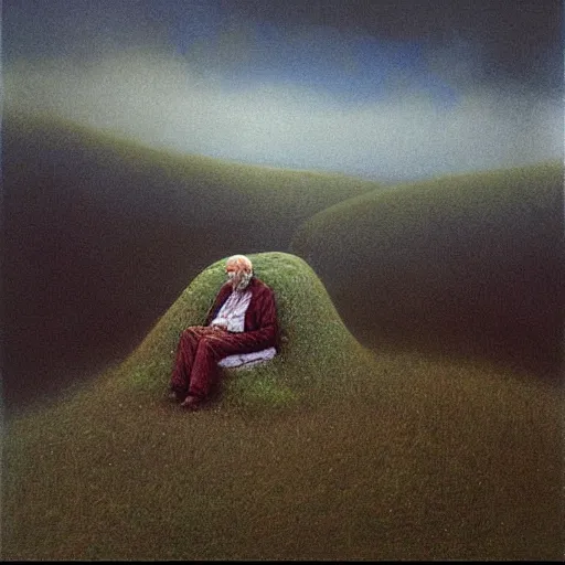 Prompt: a coherent award - winning beautiful!!! portrait of a calm bernie sanders!, sitting on a beautiful hill, painted by zdzislaw beksinski