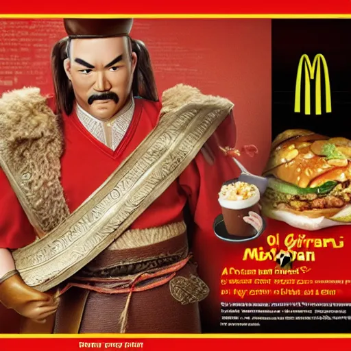 Image similar to genghis khan in mcdonalds, ad, very detailed, photography